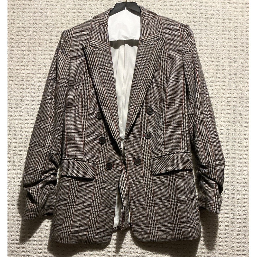 Veronica Beard Beacon Plaid Dickey Blazer Jacket Rouched Sleeve 6 Brown Burgundy